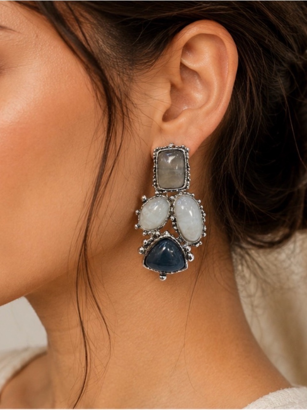 ✨ Vintage Silver Tone Multi-Stone Statement Earrings | Gray & Deep Blue